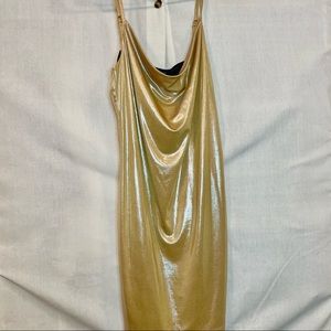 F21 Cowl Neck Scoop Neck Gold shiny adjustable Strap Dress